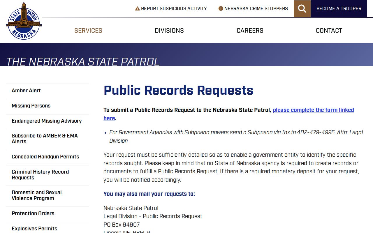 Fullerton criminal record request channel at the Nebraska State Patrol
