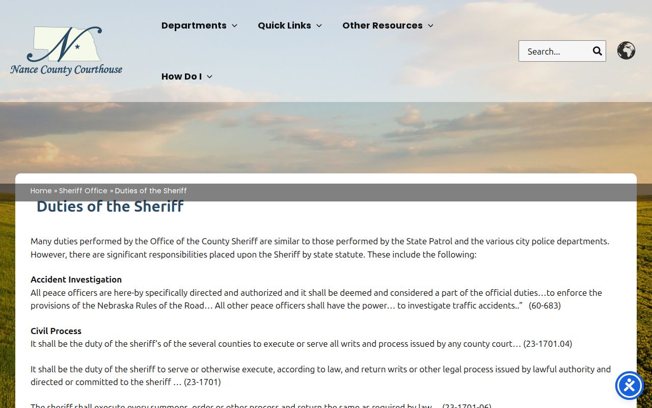 Nance County arrest records and sheriff jail duties